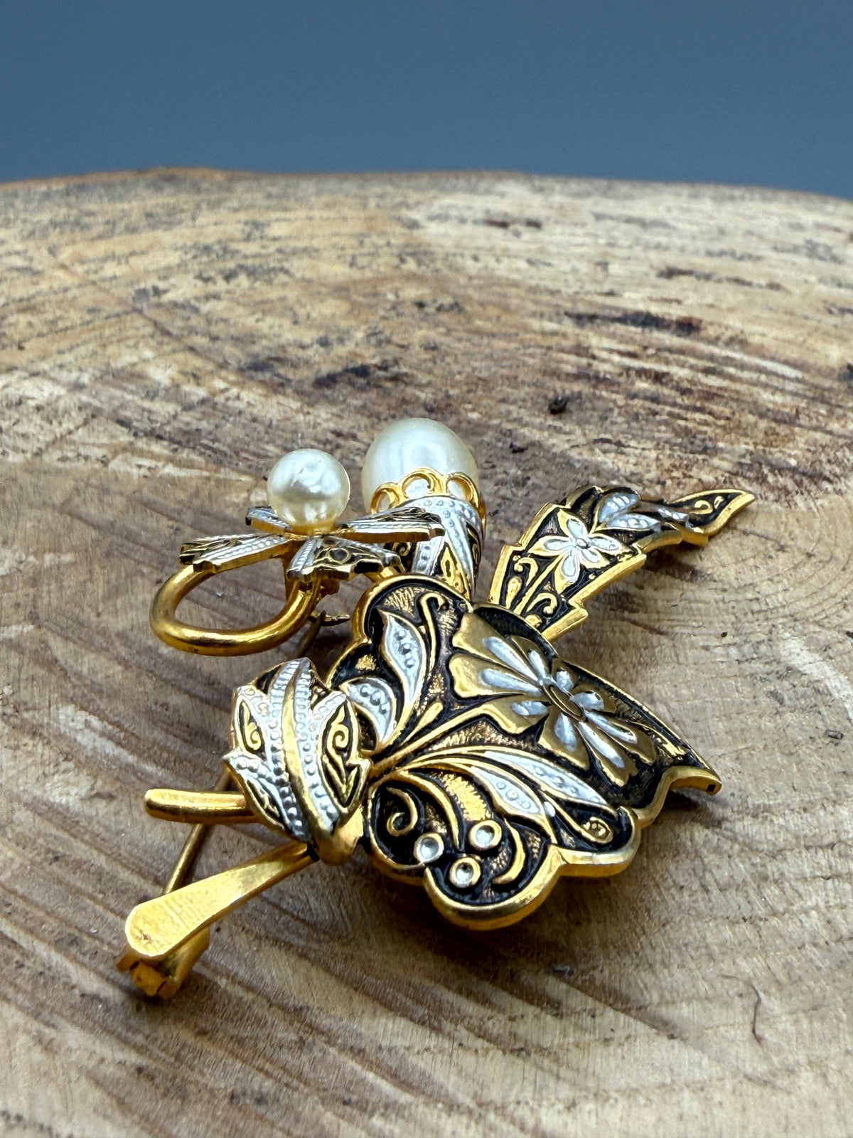 Vintage Damascene Style Floral Brooch