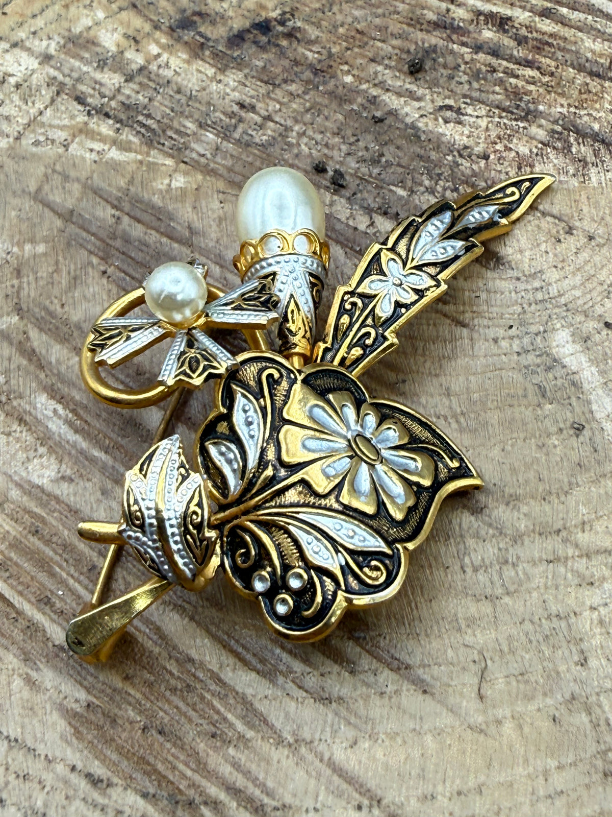 Vintage Damascene Style Floral Brooch