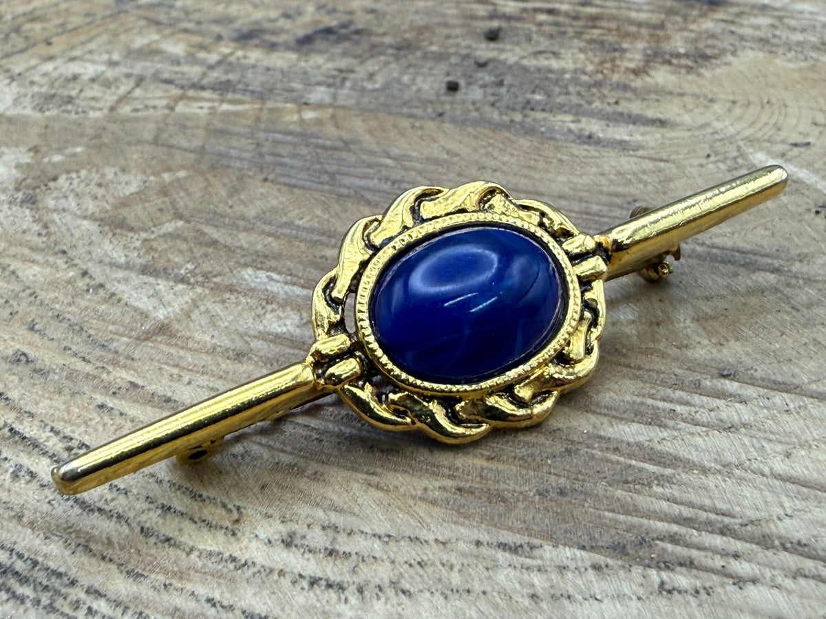 Vintage Blue Glass Cabochon Bar Brooch