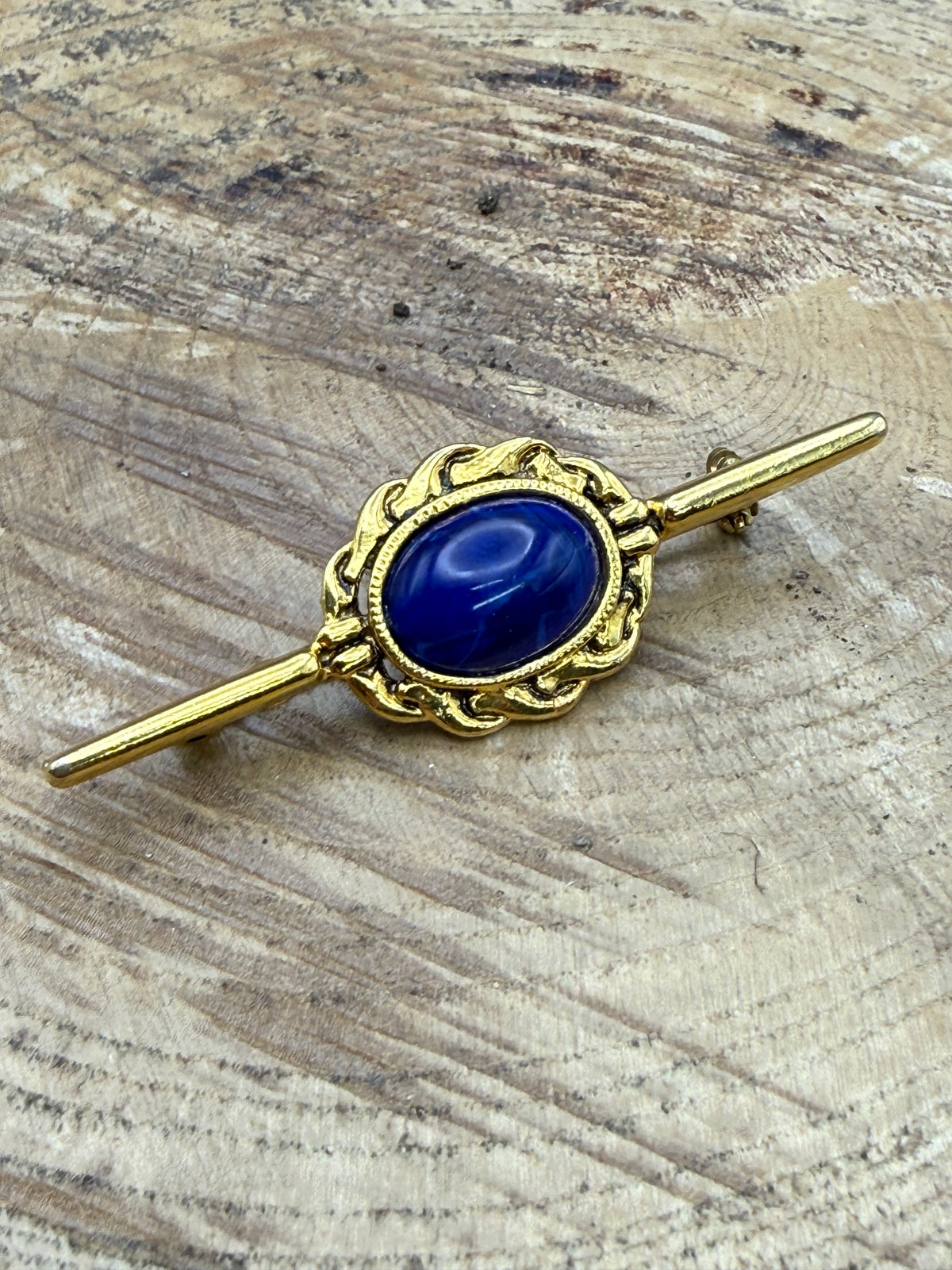 Vintage Blue Glass Cabochon Bar Brooch