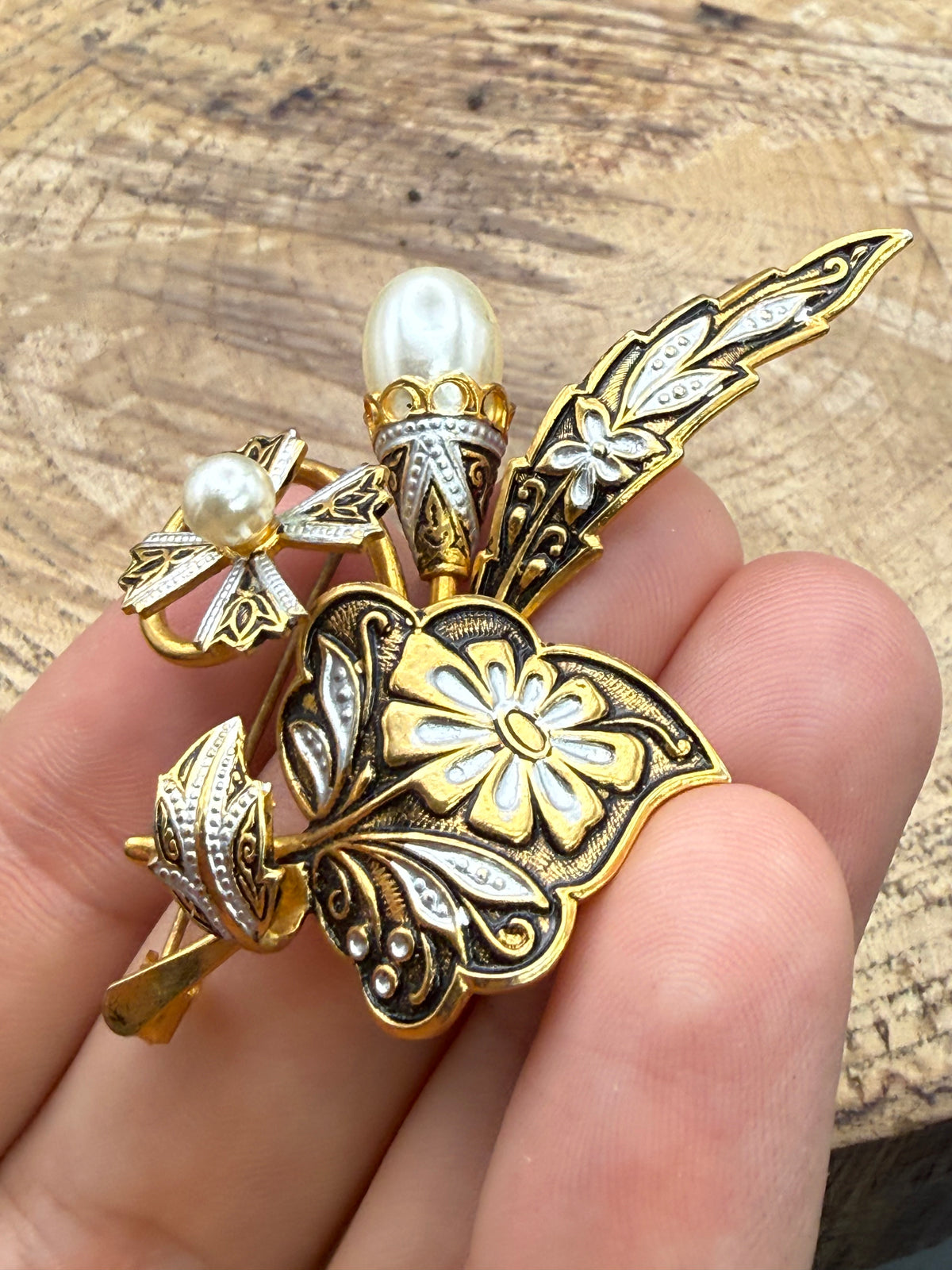 Vintage Damascene Style Floral Brooch