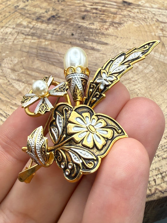 Vintage Damascene Style Floral Brooch