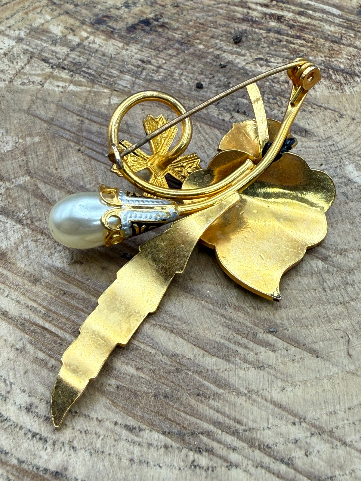 Vintage Damascene Style Floral Brooch