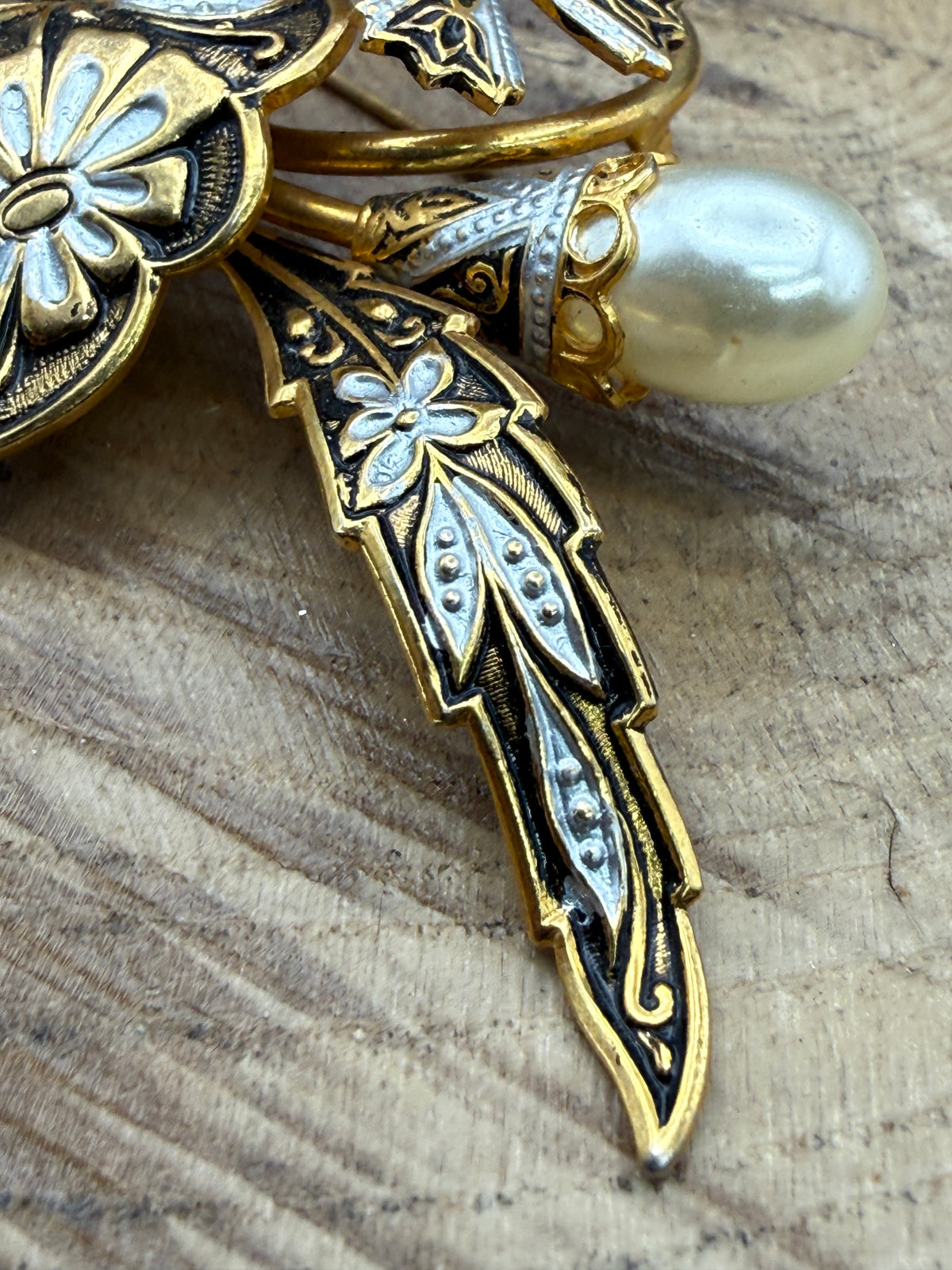 Vintage Damascene Style Floral Brooch