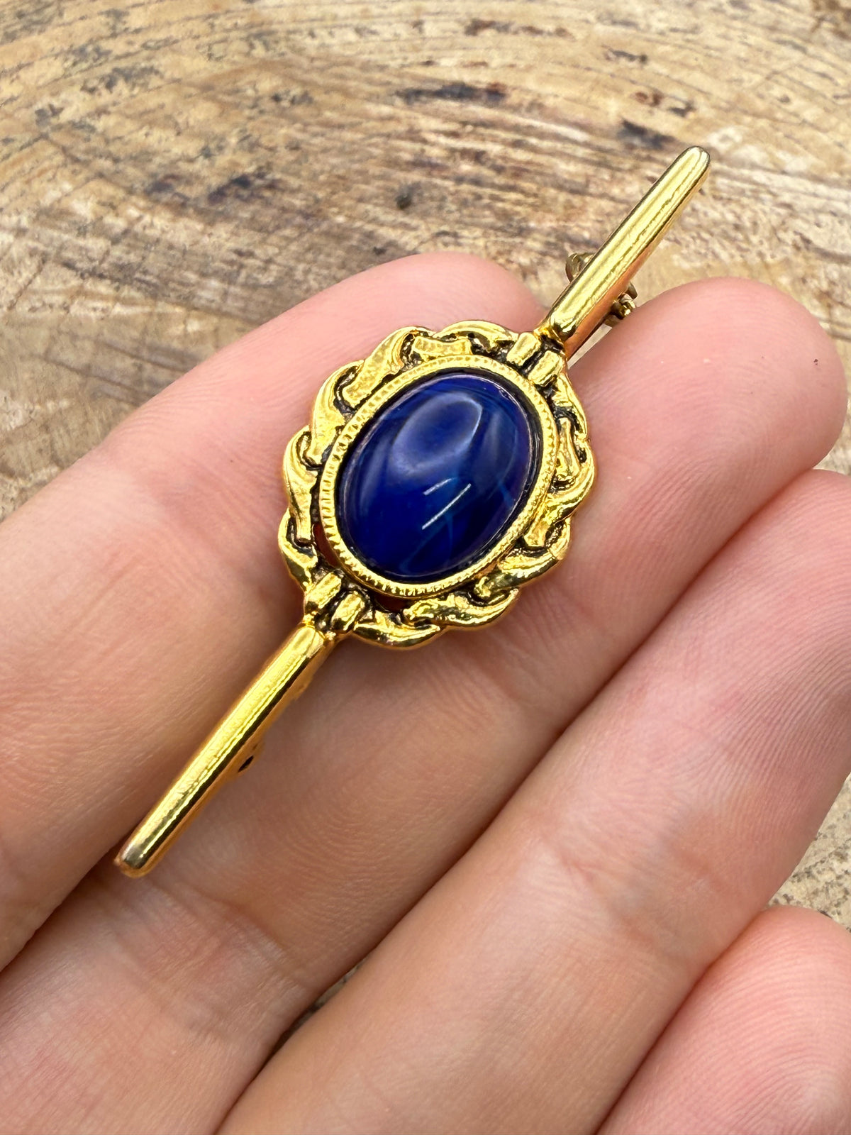 Vintage Blue Glass Cabochon Bar Brooch