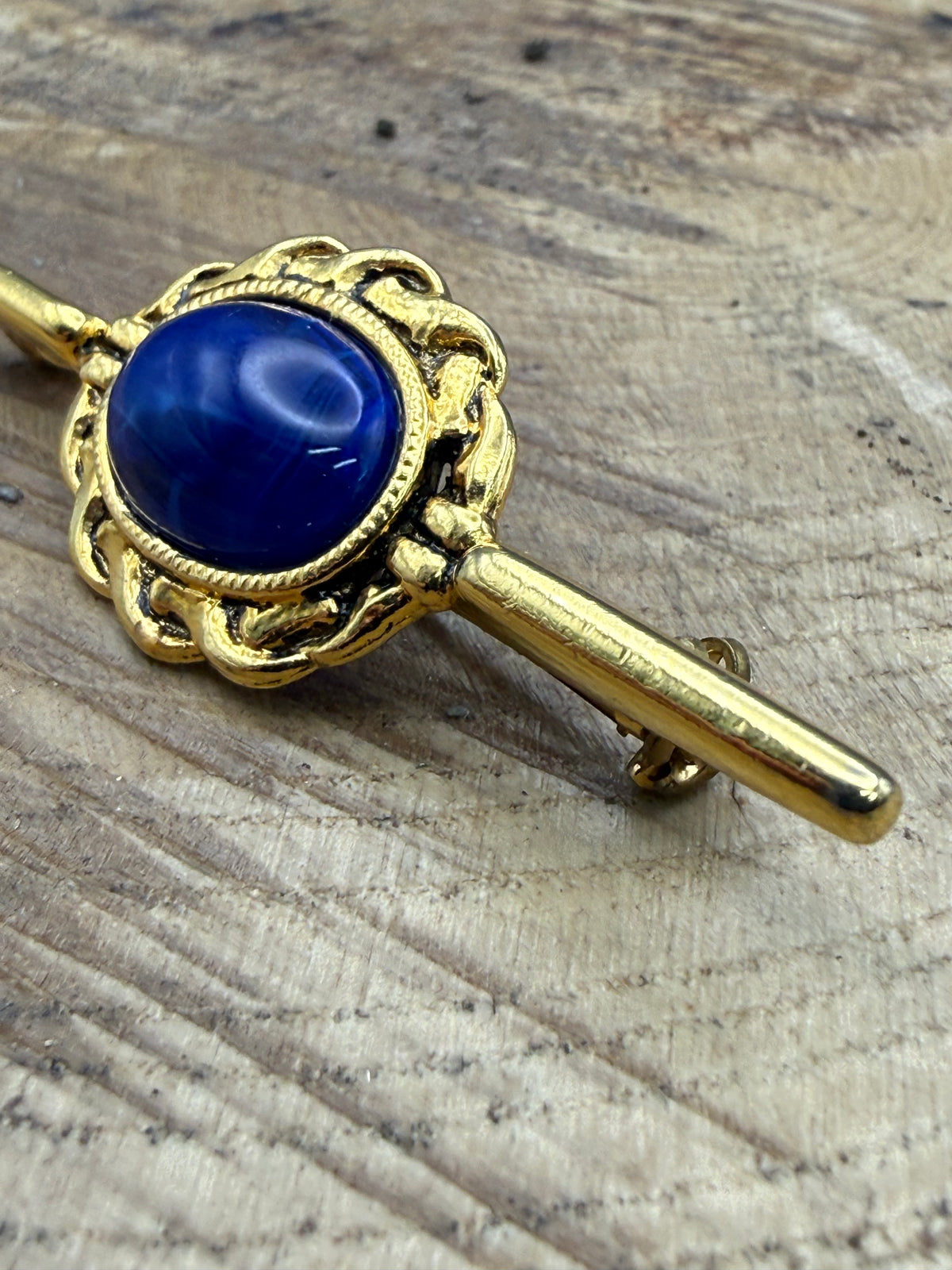 Vintage Blue Glass Cabochon Bar Brooch