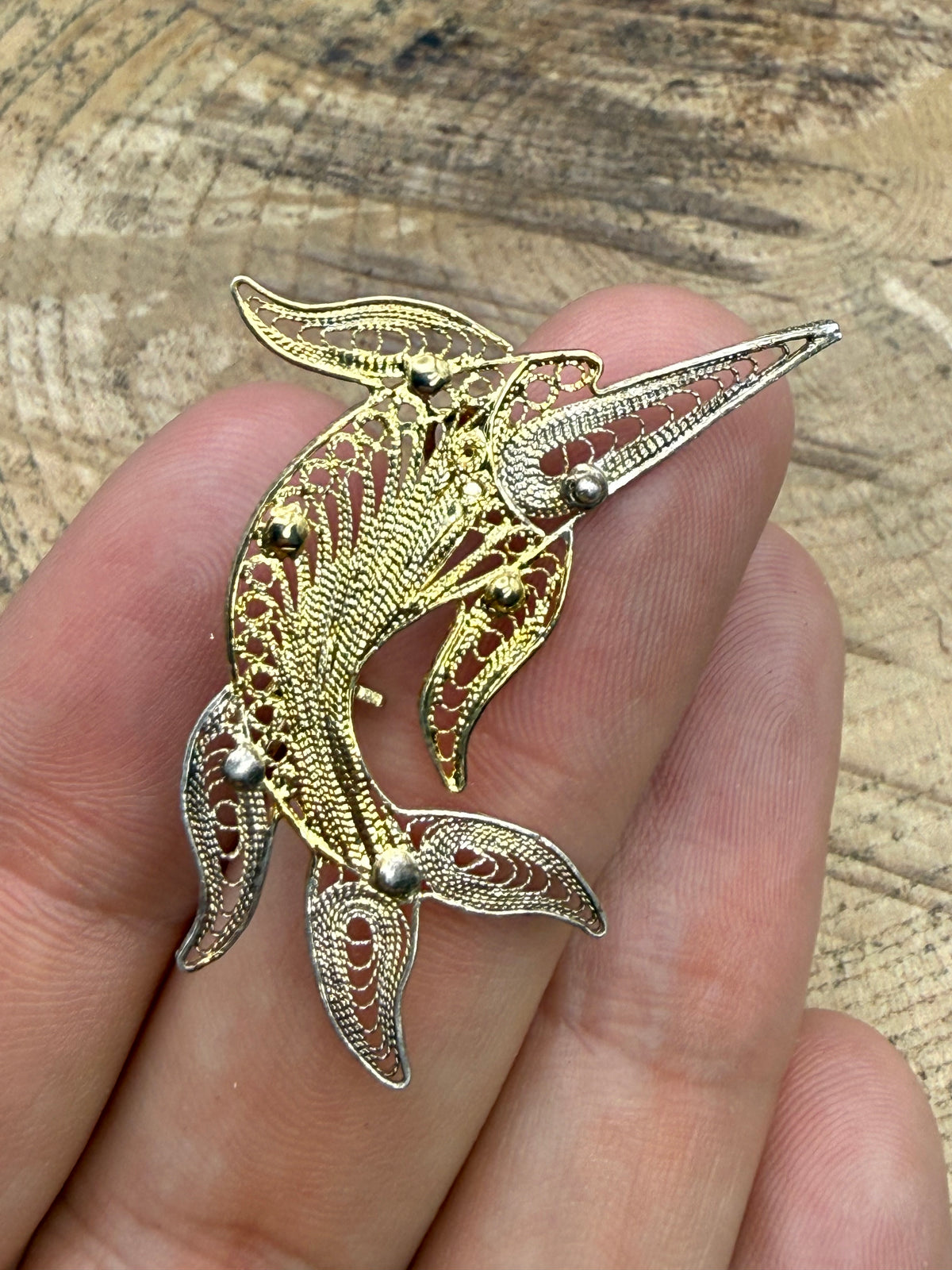 Vintage Two Tone Filigree Flying Fish Brooch