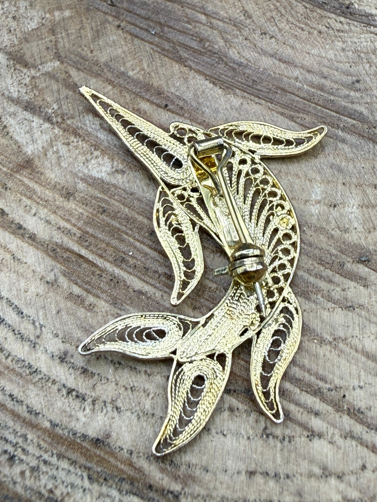 Vintage Two Tone Filigree Flying Fish Brooch