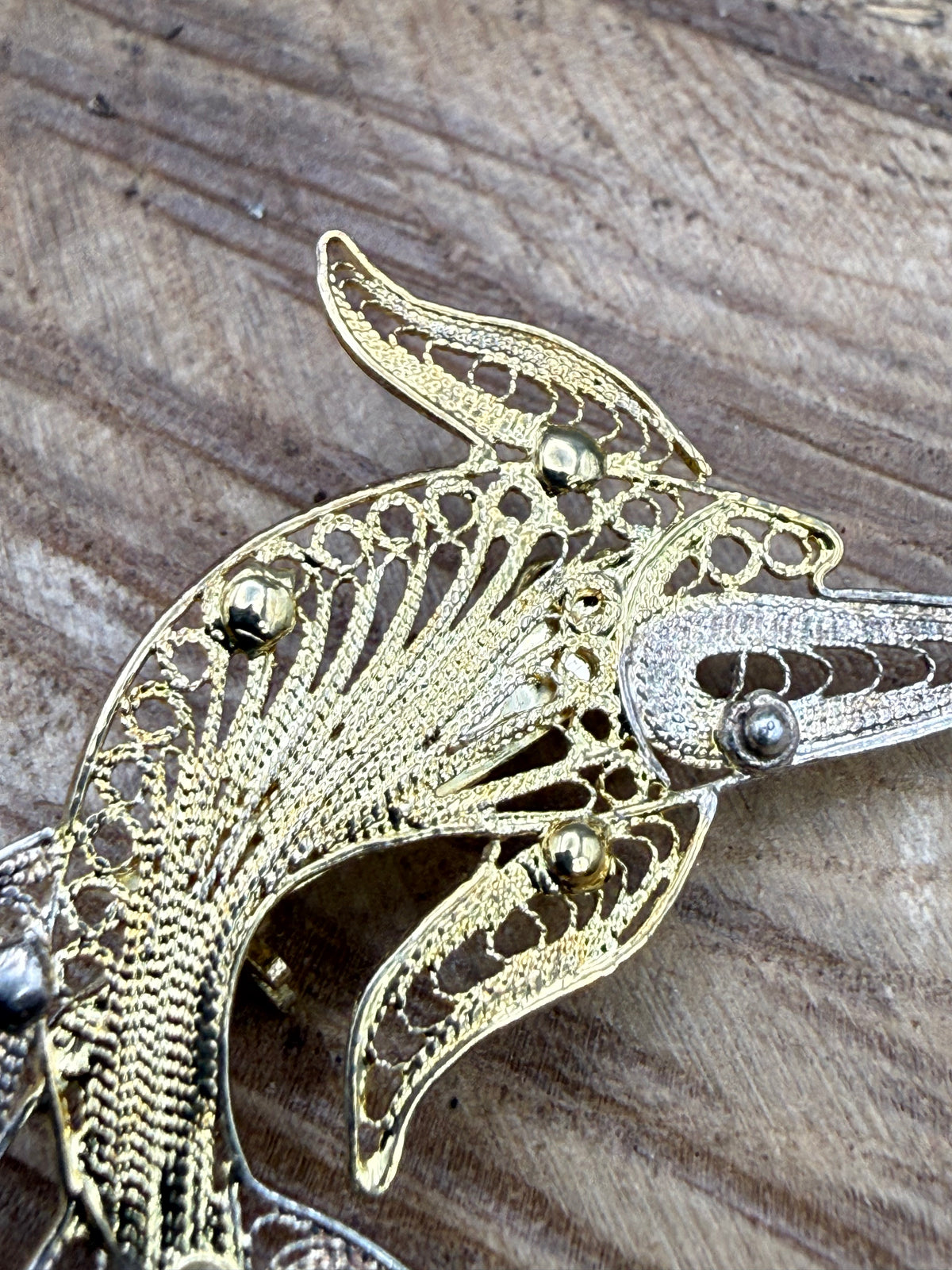 Vintage Two Tone Filigree Flying Fish Brooch