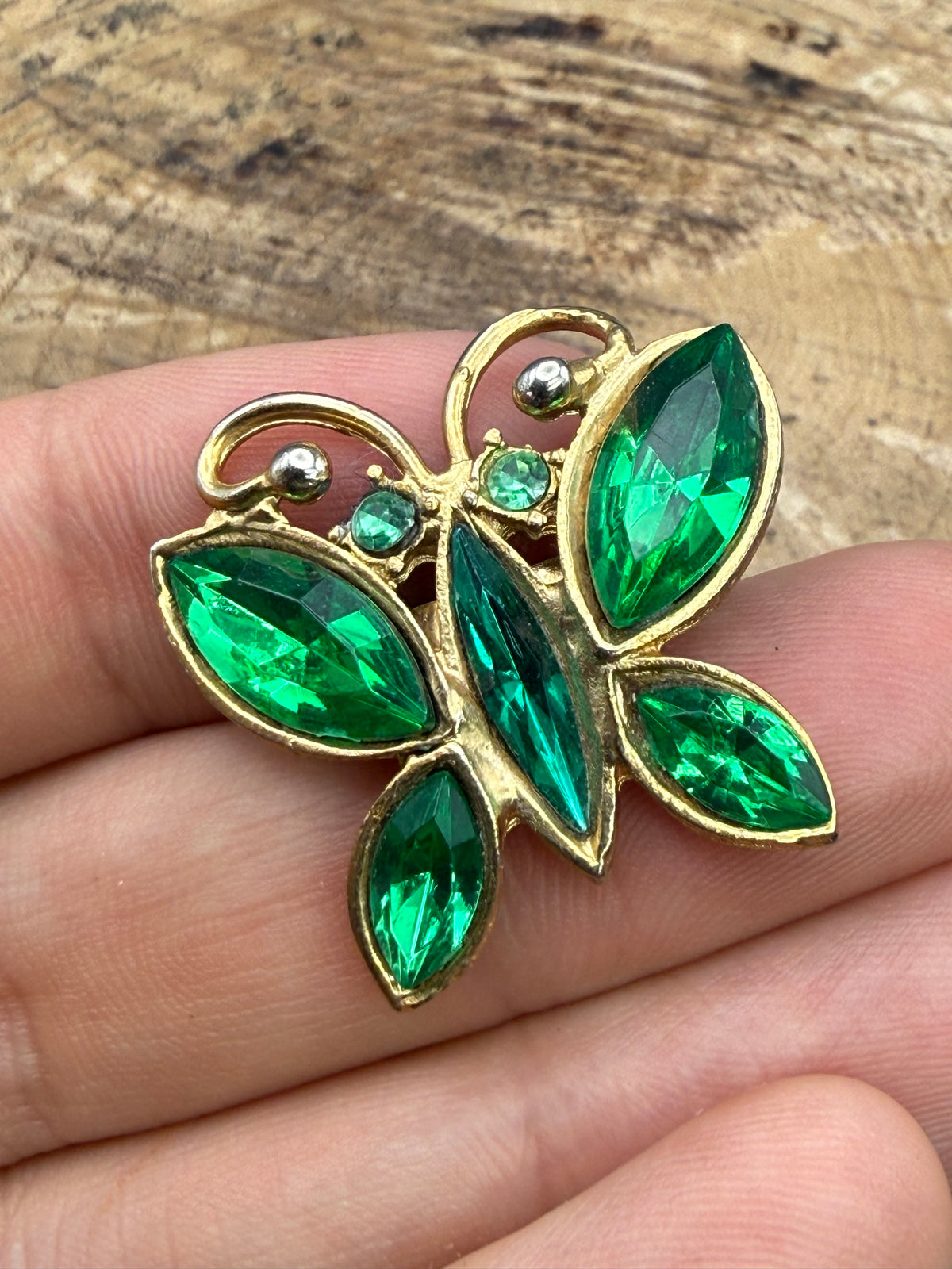 Vintage Butterfly Brooch with Green Rhinestones