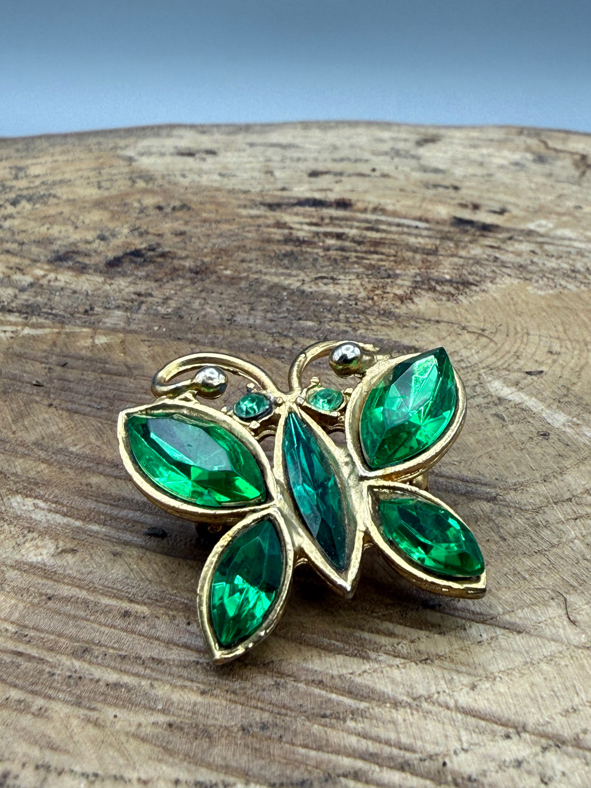 Vintage Butterfly Brooch with Green Rhinestones