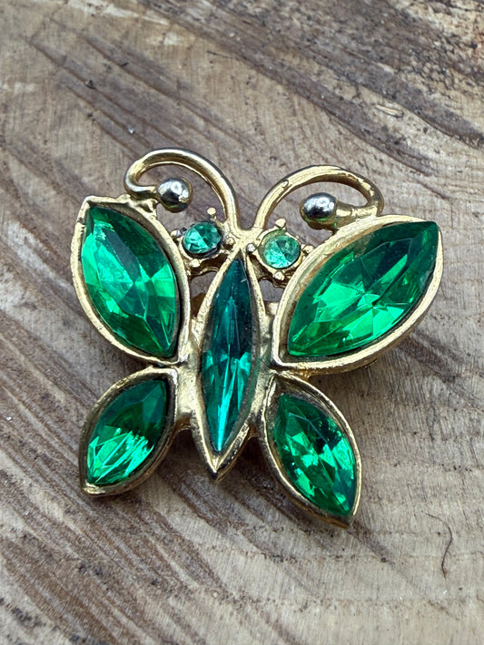 Vintage Butterfly Brooch with Green Rhinestones