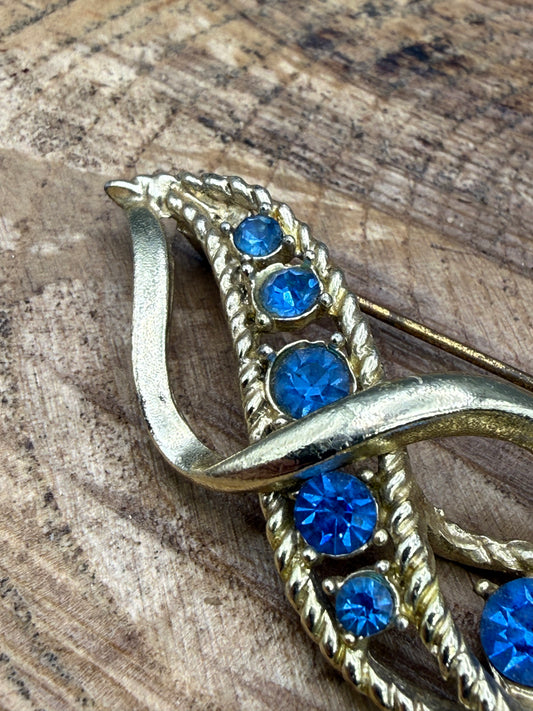 Vintage Ribbon Twist Brooch with Graduated Blue Rhinestones