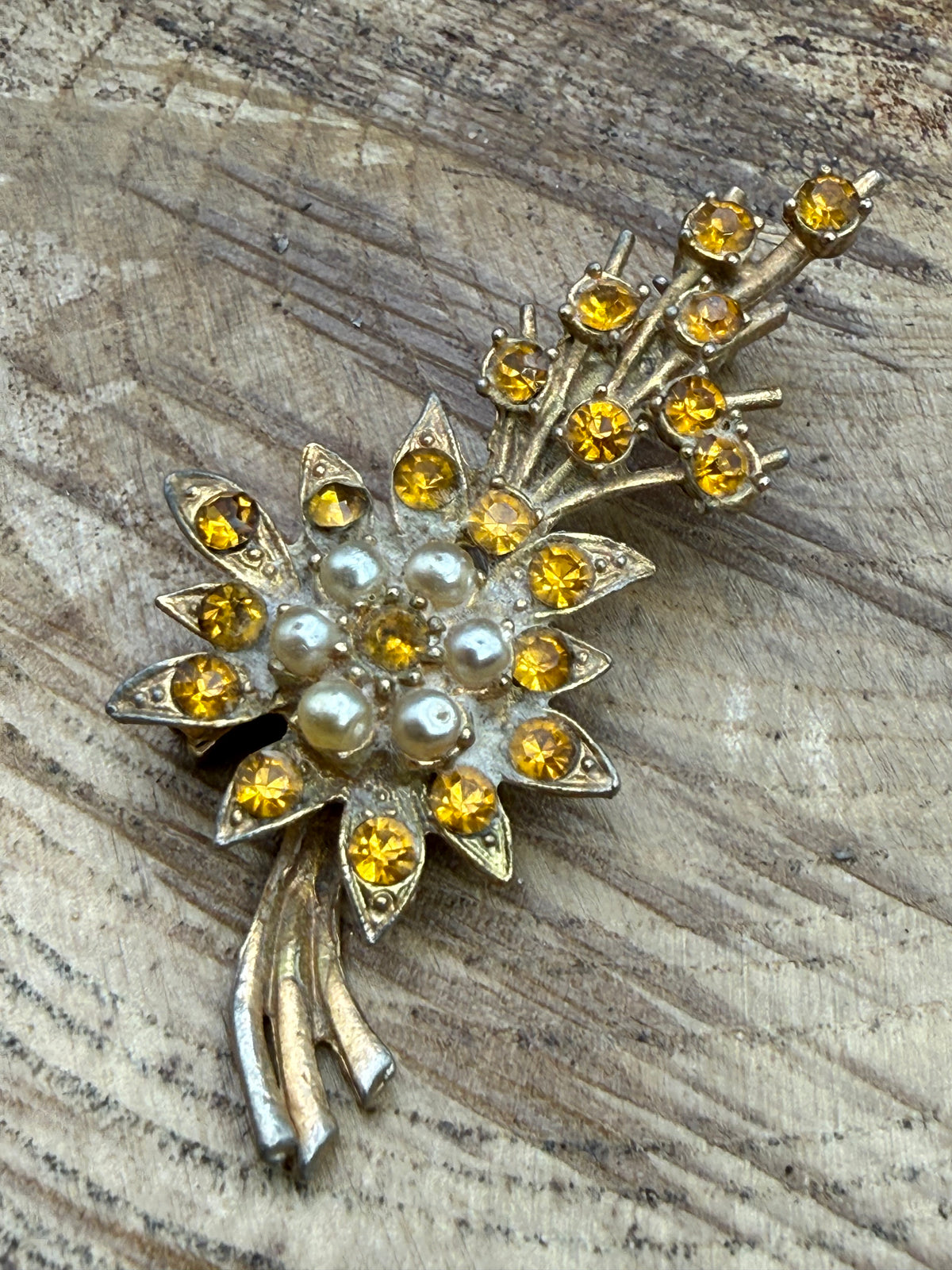Mid Century Floral Spray Brooch with Citrine Rhinestones and Pearls