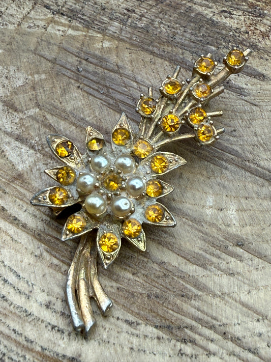 Mid Century Floral Spray Brooch with Citrine Rhinestones and Pearls