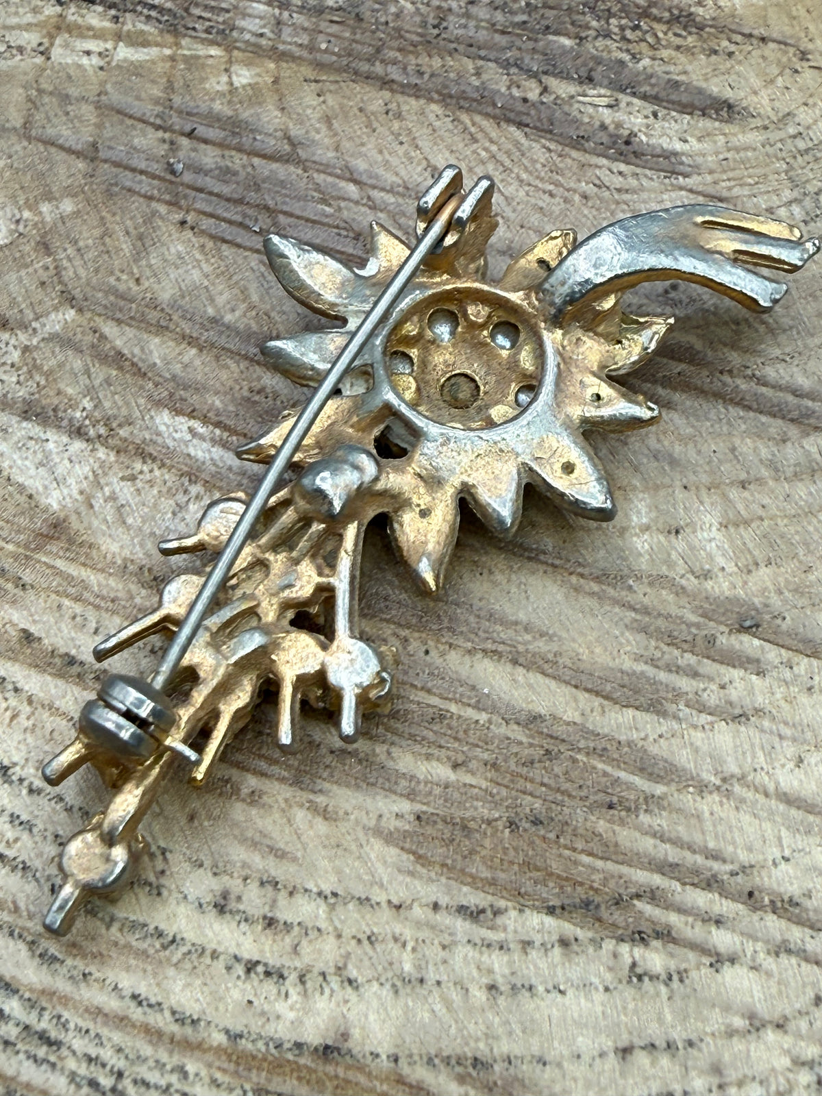 Mid Century Floral Spray Brooch with Citrine Rhinestones and Pearls
