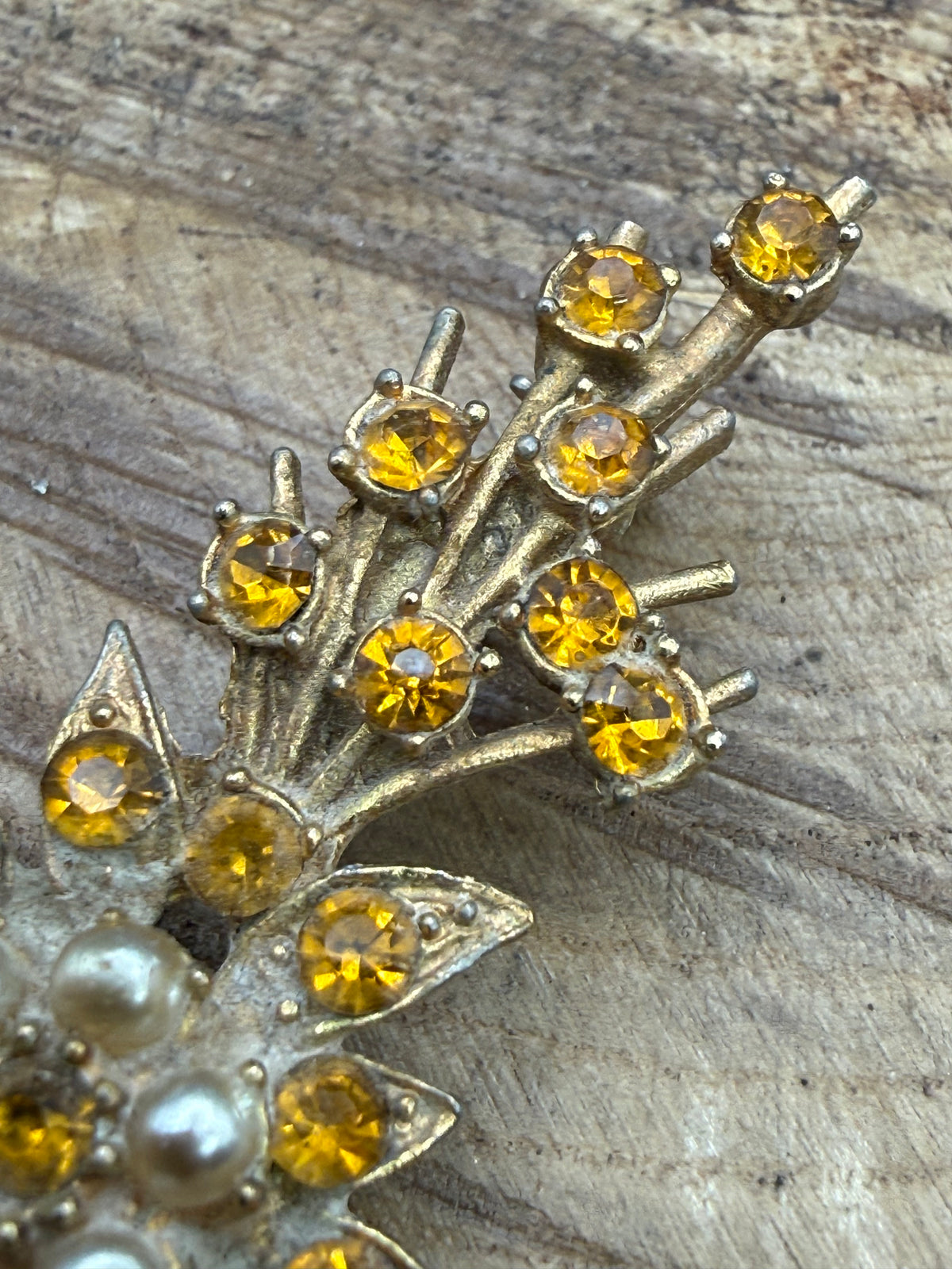 Mid Century Floral Spray Brooch with Citrine Rhinestones and Pearls