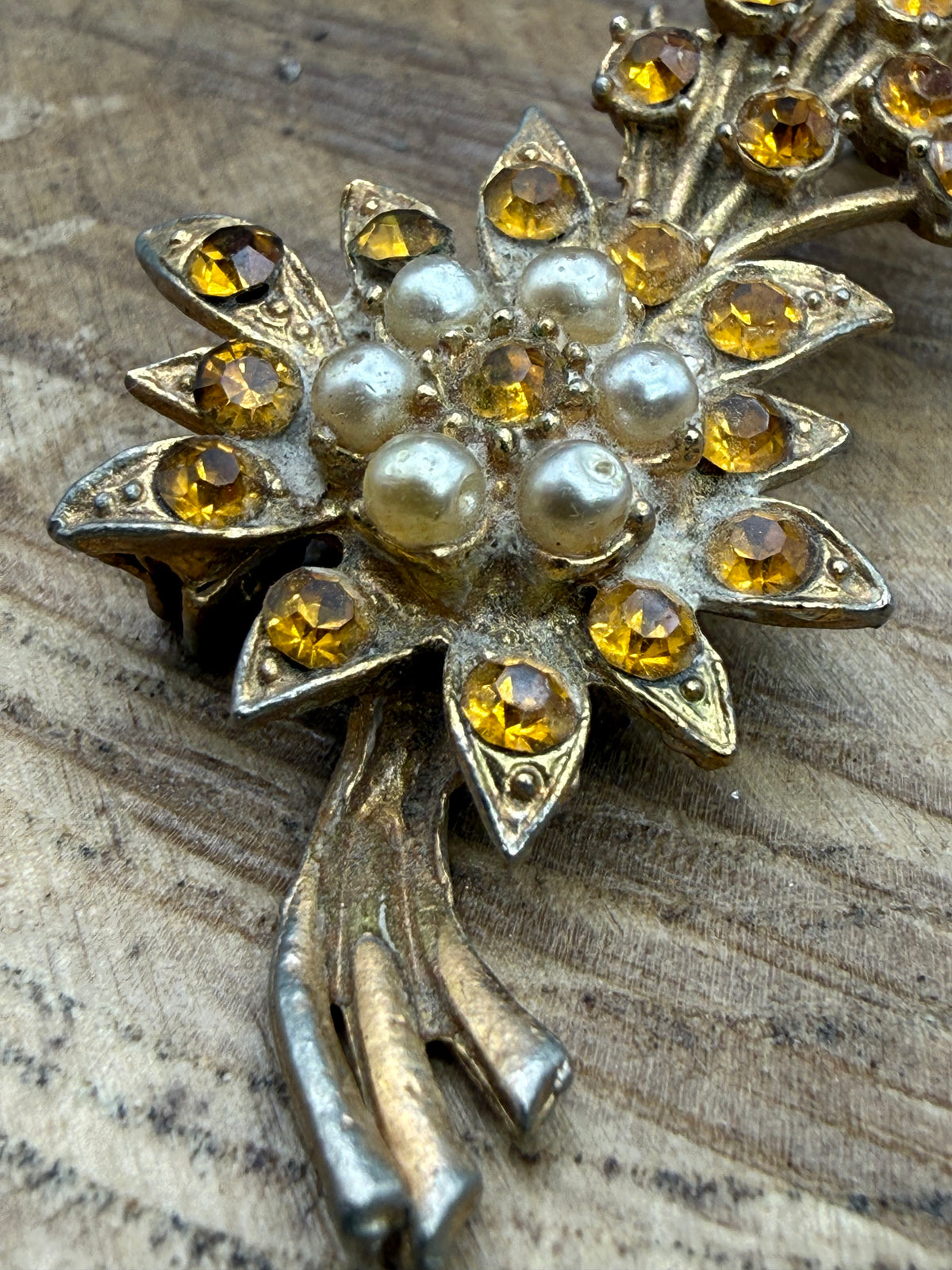 Mid Century Floral Spray Brooch with Citrine Rhinestones and Pearls