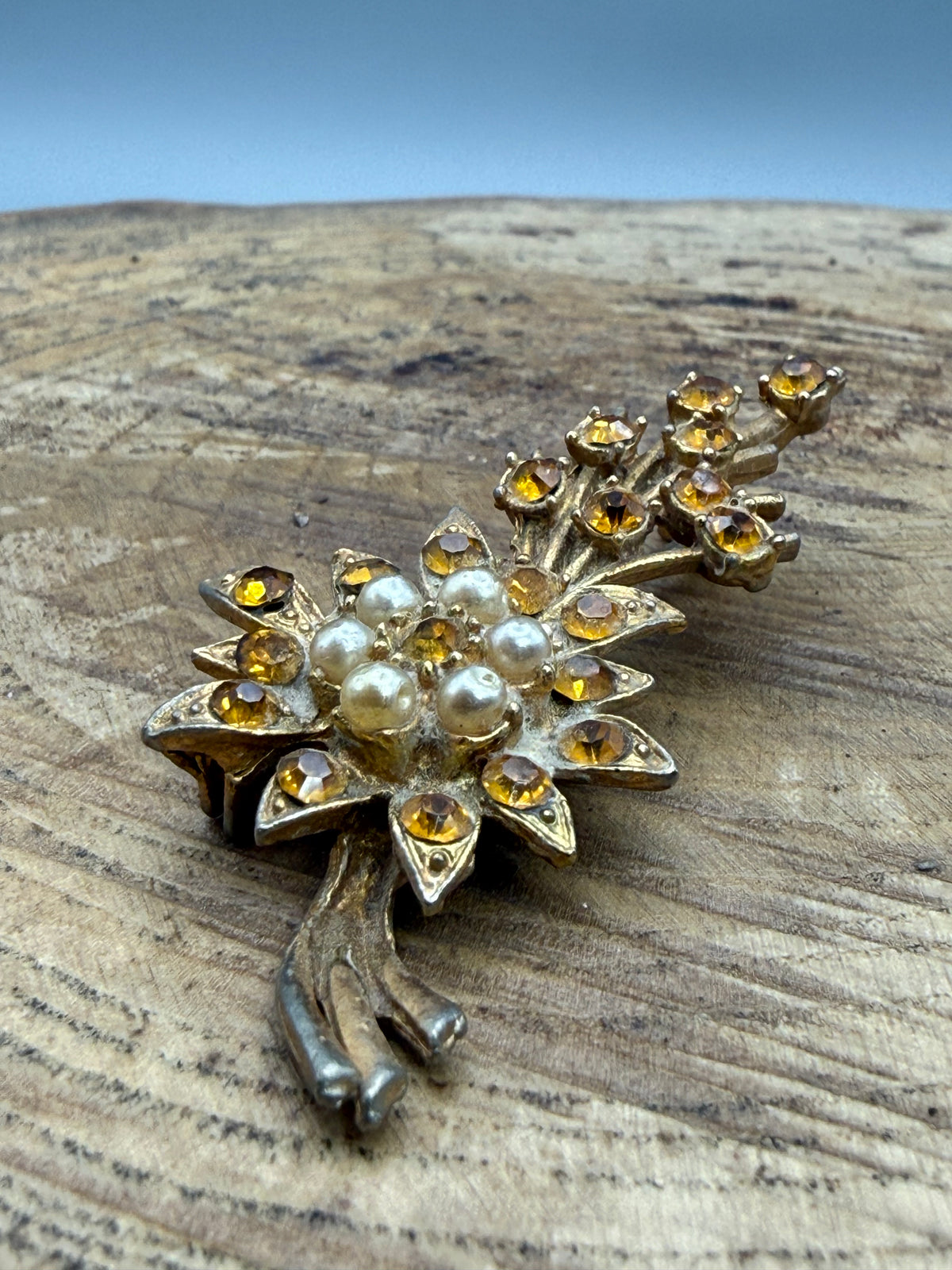 Mid Century Floral Spray Brooch with Citrine Rhinestones and Pearls