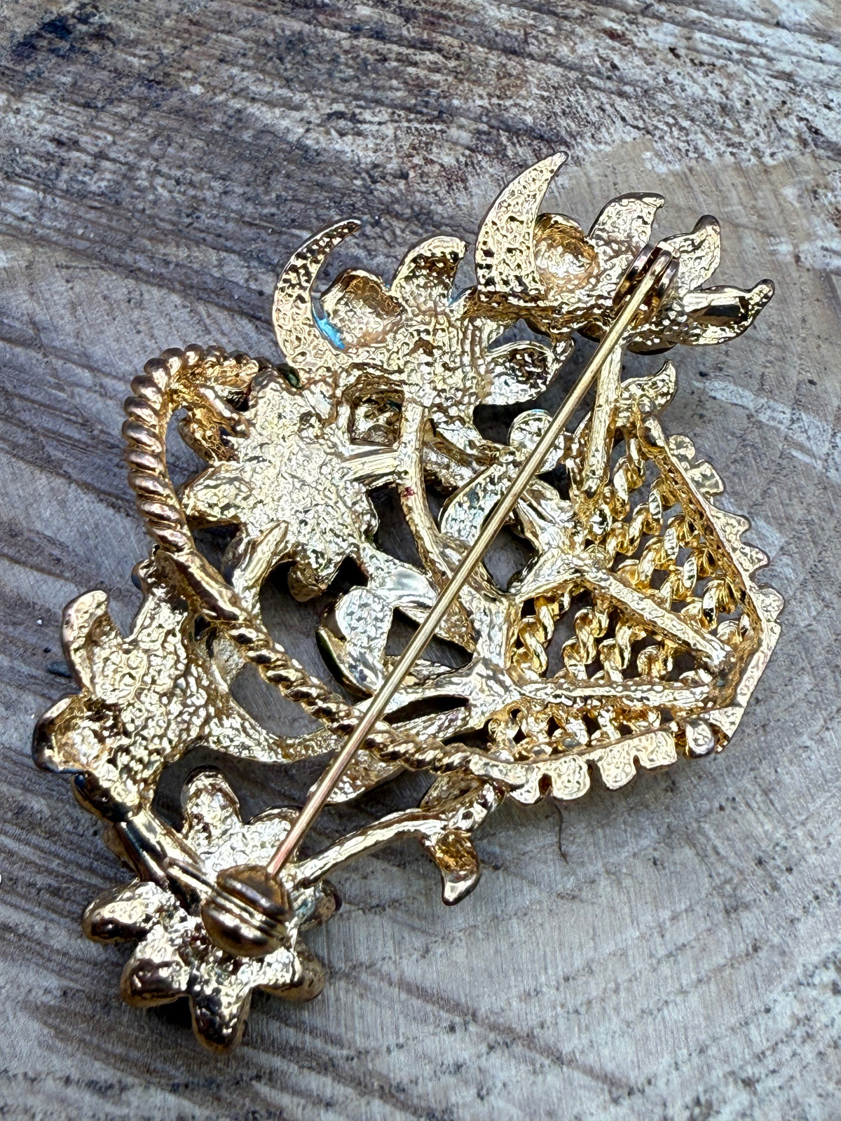 Flower Basket Brooch with Enamel Blooms and Rhinestones