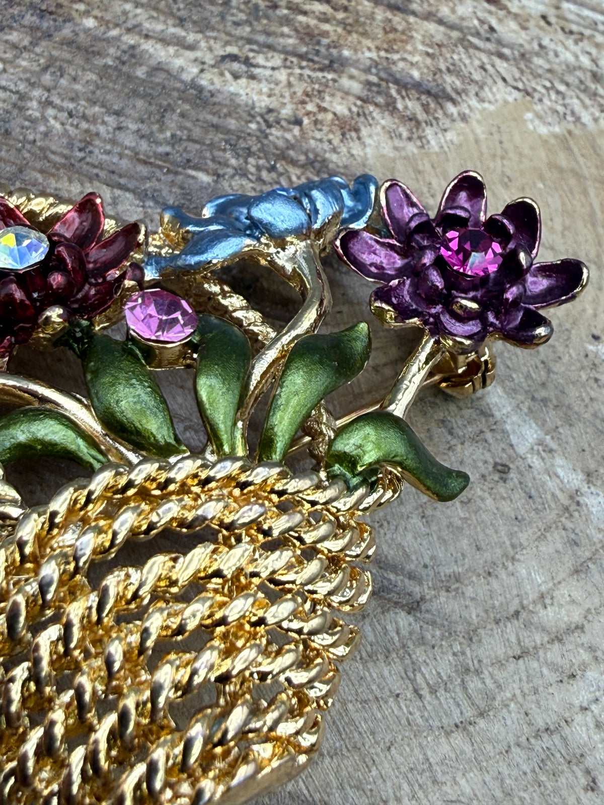 Flower Basket Brooch with Enamel Blooms and Rhinestones