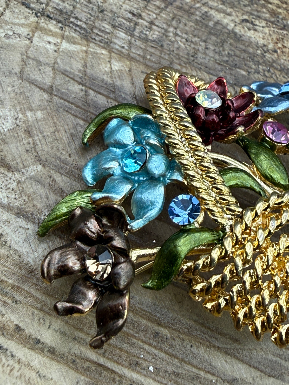 Flower Basket Brooch with Enamel Blooms and Rhinestones