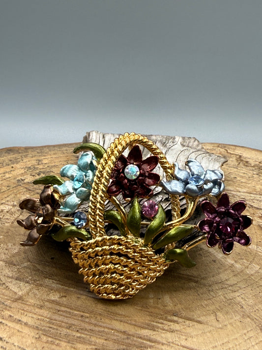 Flower Basket Brooch with Enamel Blooms and Rhinestones