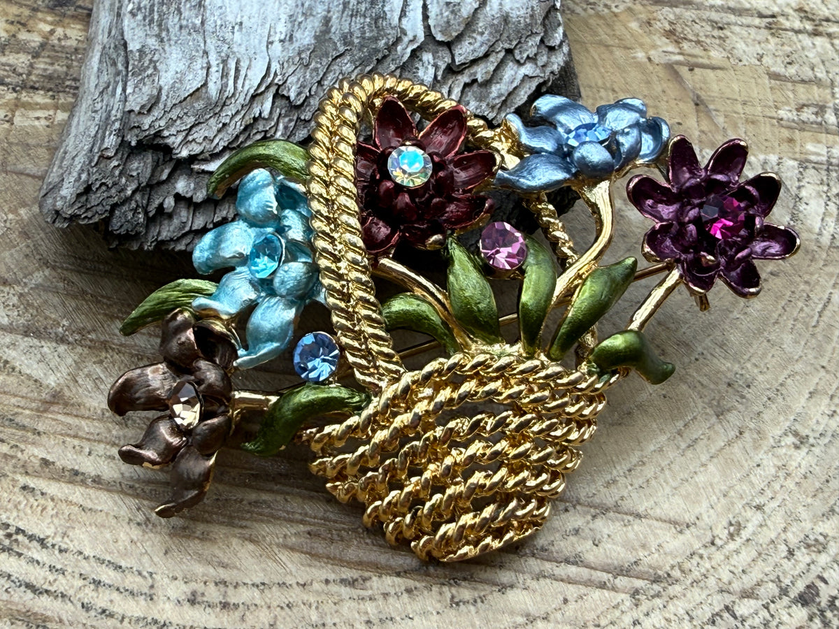 Flower Basket Brooch with Enamel Blooms and Rhinestones