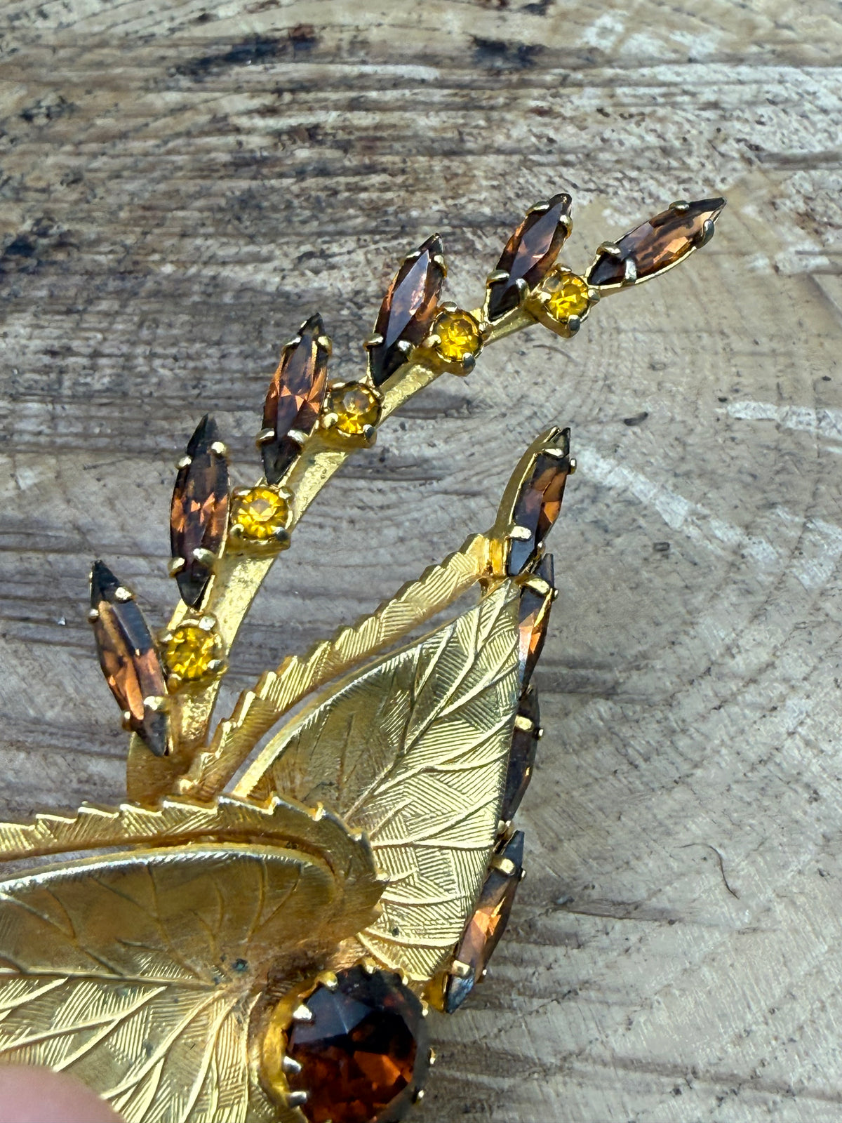 Textured Leaf Brooch with Orange and Brown Rhinestones