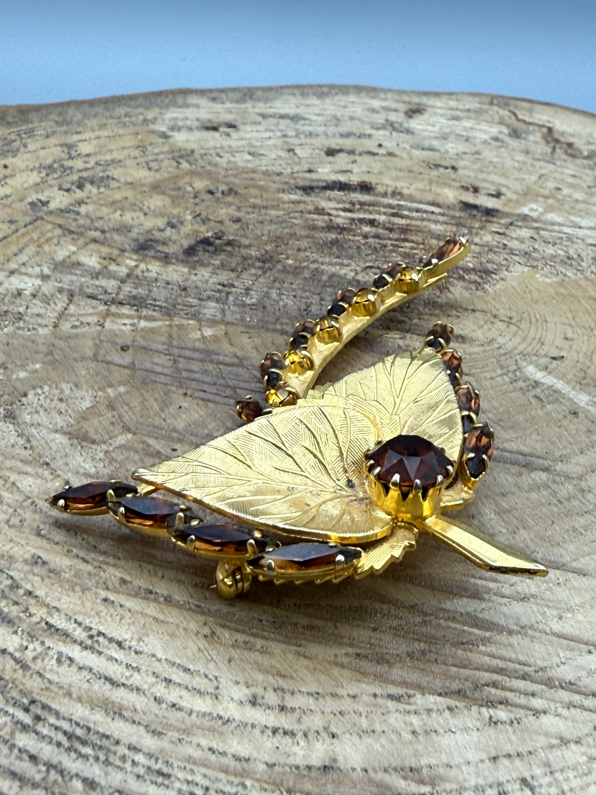 Textured Leaf Brooch with Orange and Brown Rhinestones