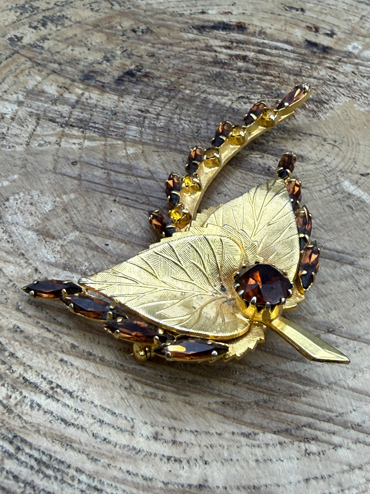 Textured Leaf Brooch with Orange and Brown Rhinestones