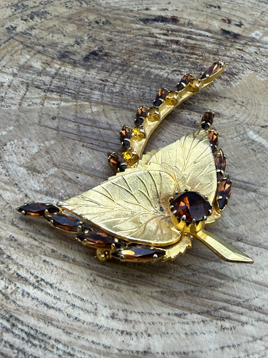 Textured Leaf Brooch with Orange and Brown Rhinestones