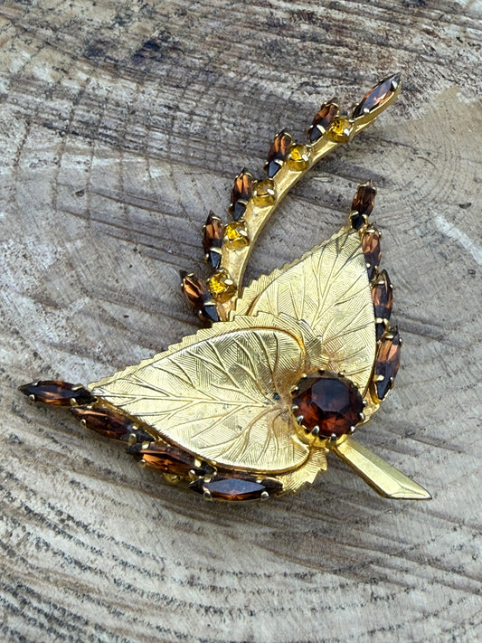 Textured Leaf Brooch with Orange and Brown Rhinestones