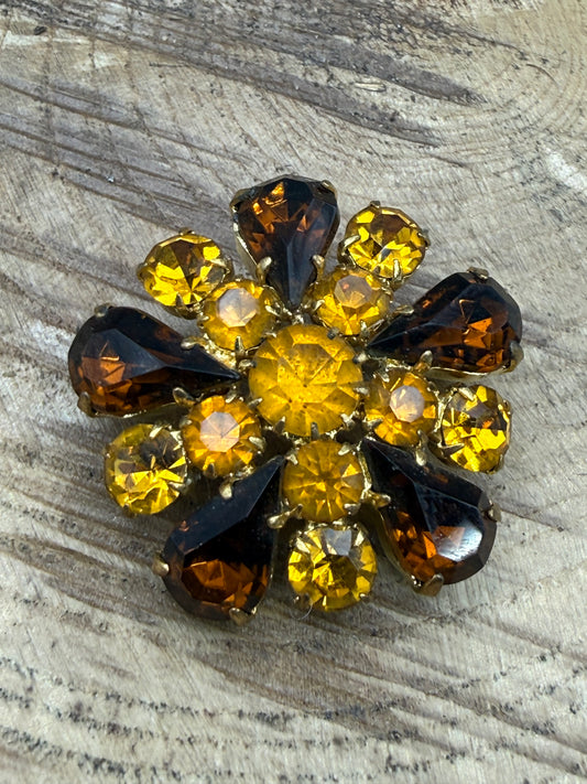 Vintage Brown & Orange Starburst Rhinestone Brooch