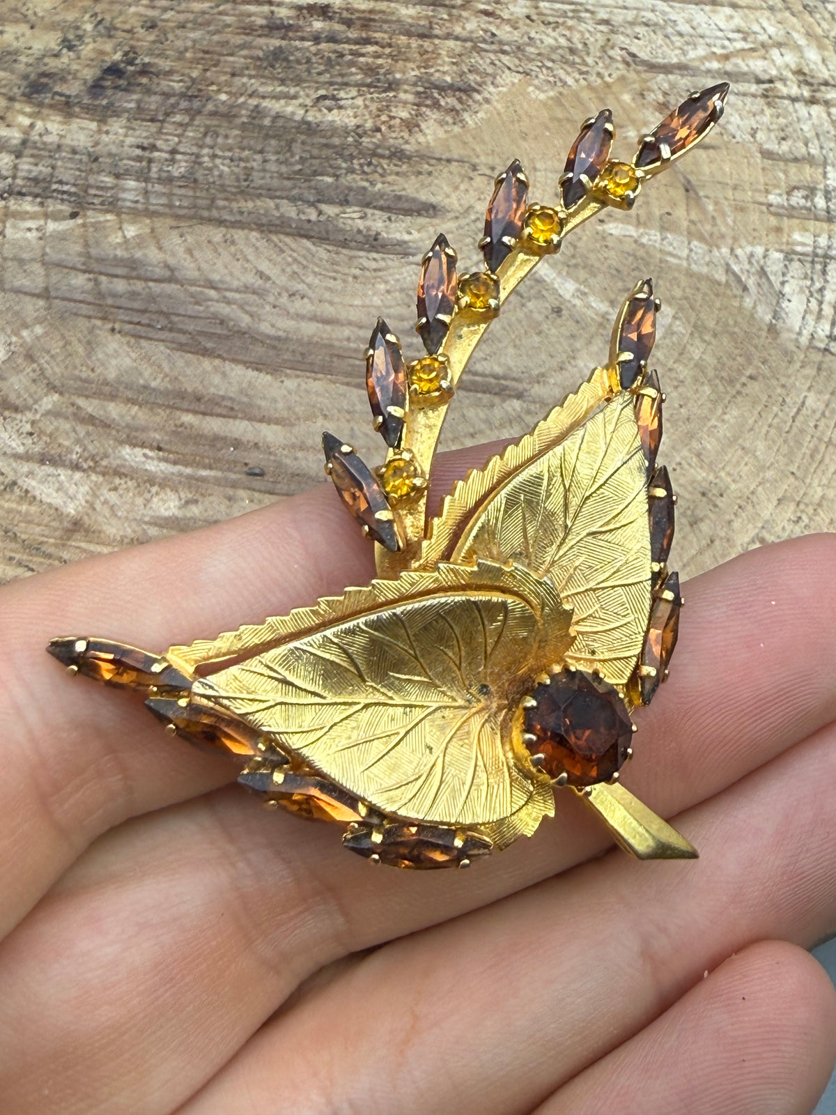 Textured Leaf Brooch with Orange and Brown Rhinestones