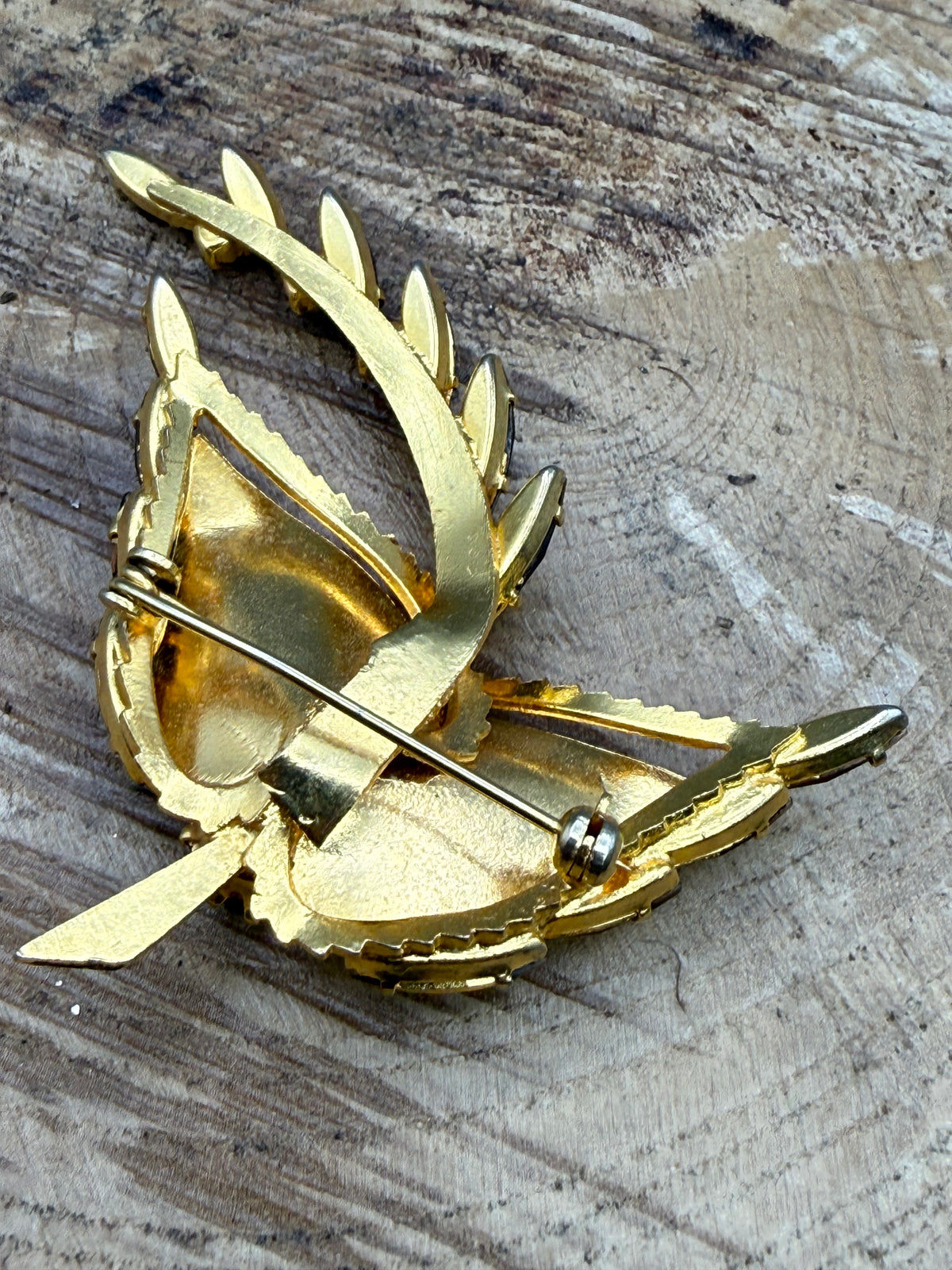 Textured Leaf Brooch with Orange and Brown Rhinestones