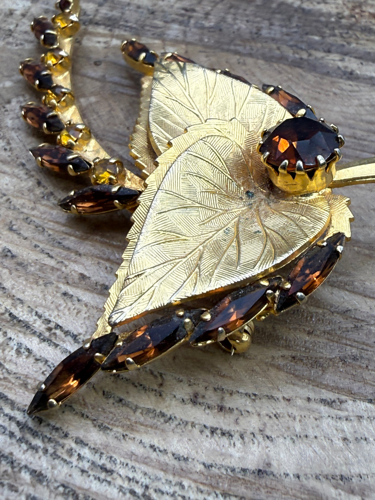 Textured Leaf Brooch with Orange and Brown Rhinestones