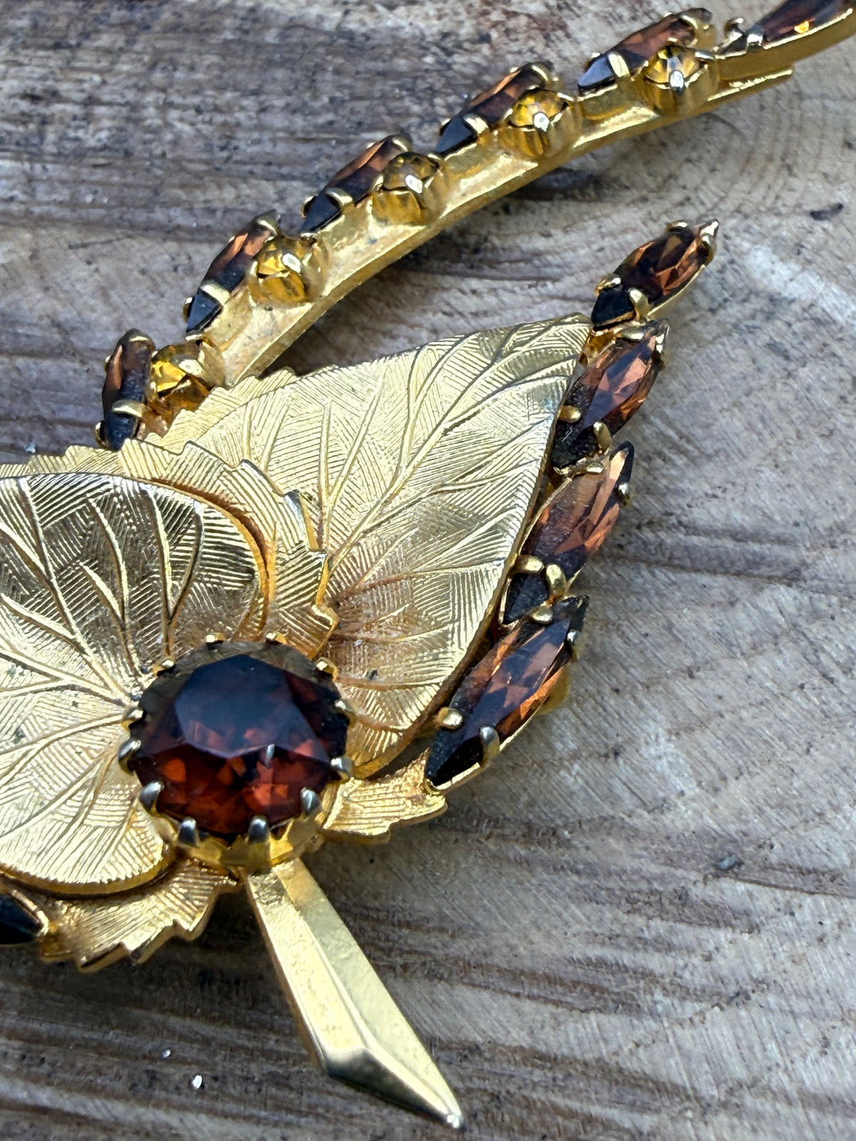 Textured Leaf Brooch with Orange and Brown Rhinestones