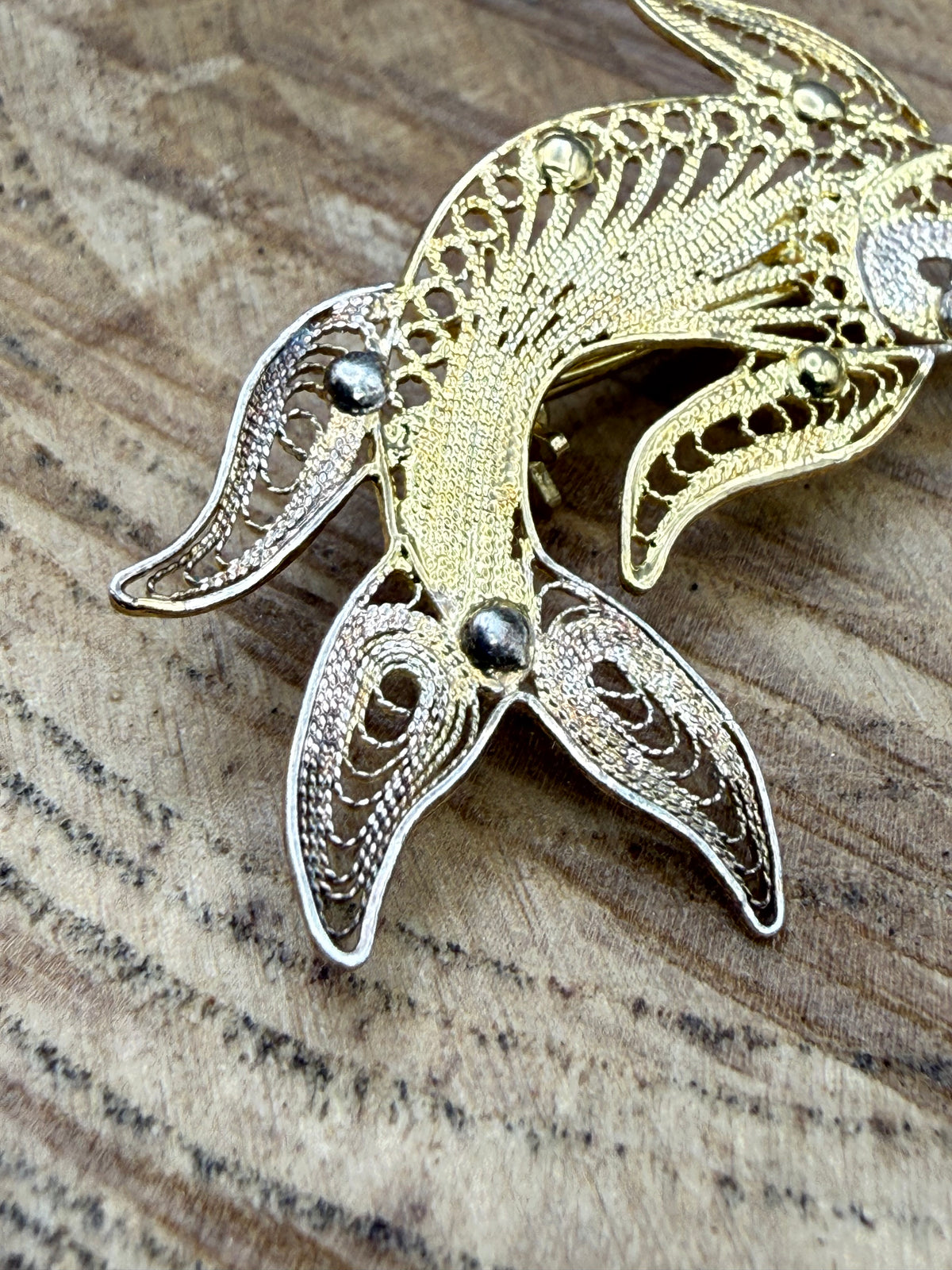 Vintage Two Tone Filigree Flying Fish Brooch