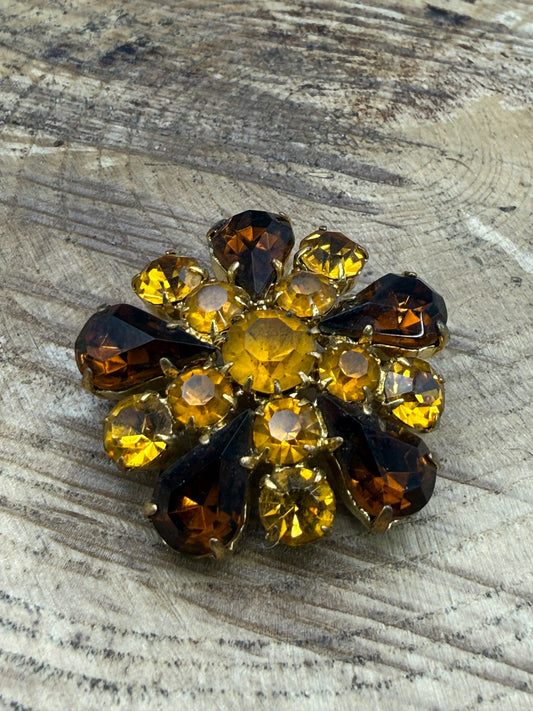 Vintage Brown & Orange Starburst Rhinestone Brooch