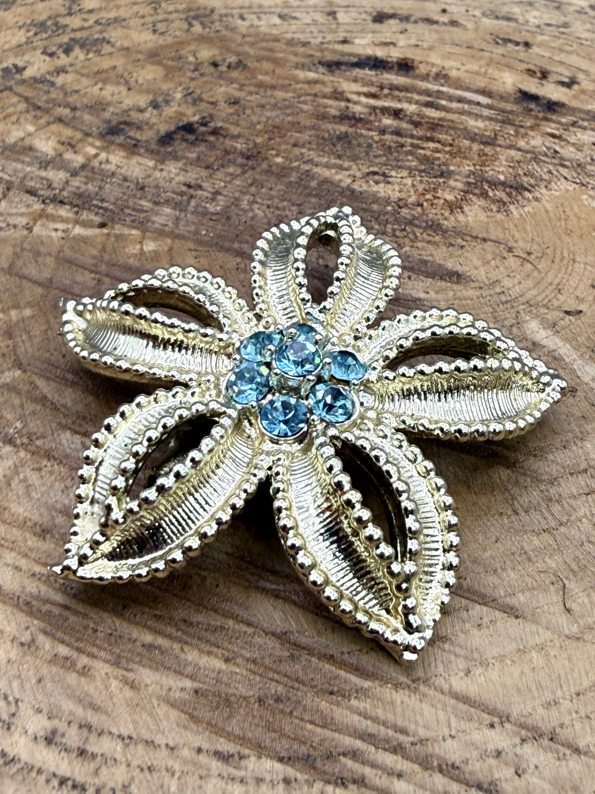 Vintage Flower Brooch with Sky Blue Rhinestones