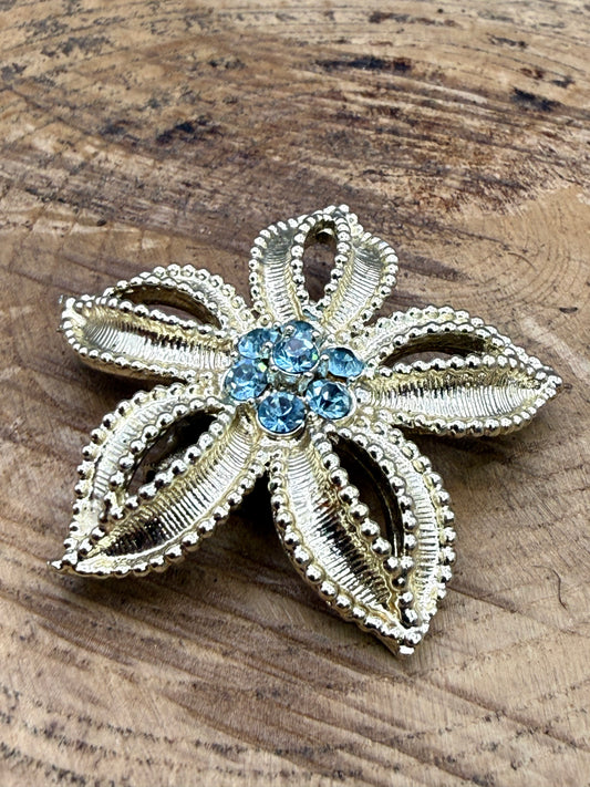 Vintage Flower Brooch with Sky Blue Rhinestones