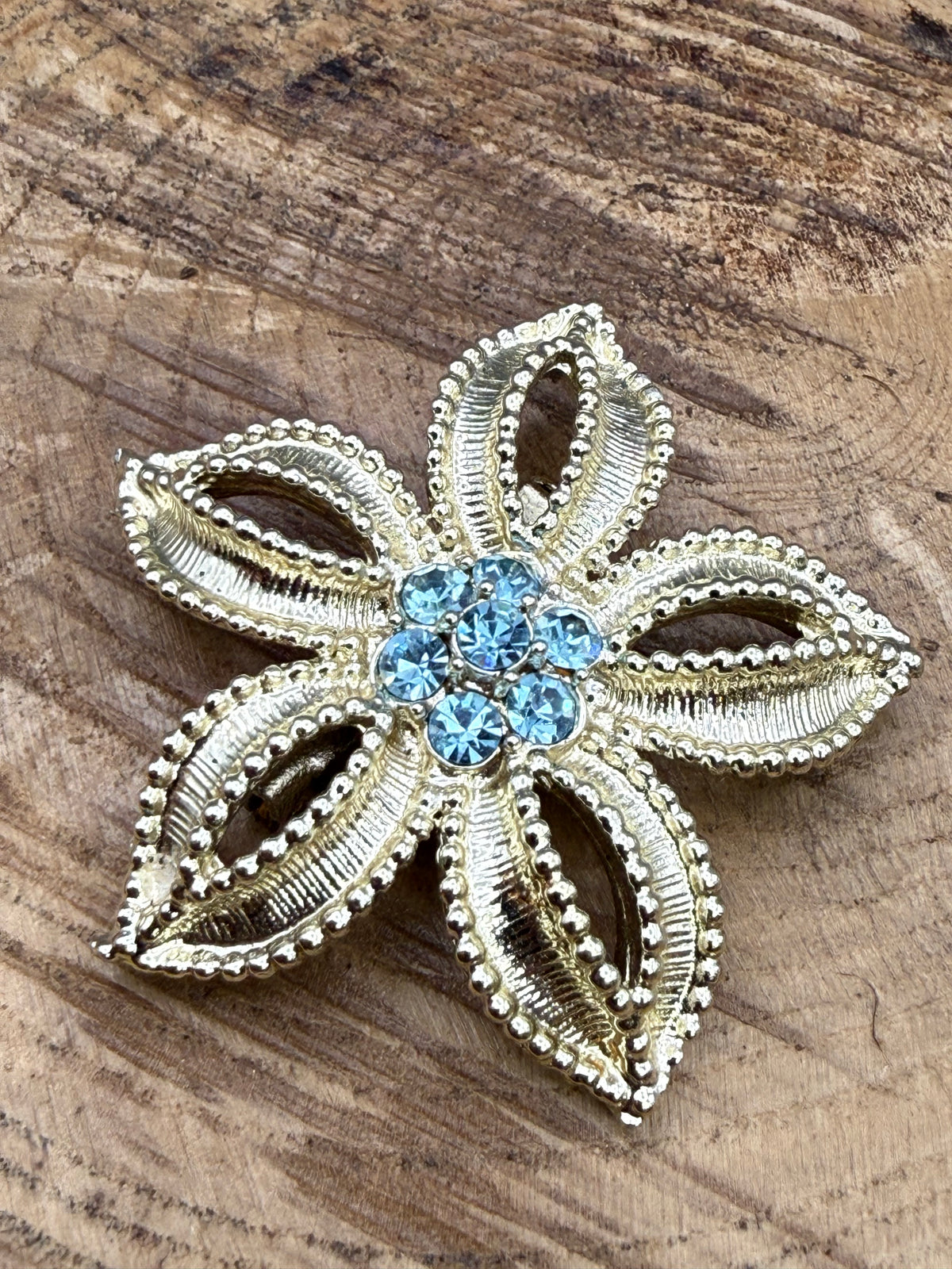 Vintage Flower Brooch with Sky Blue Rhinestones