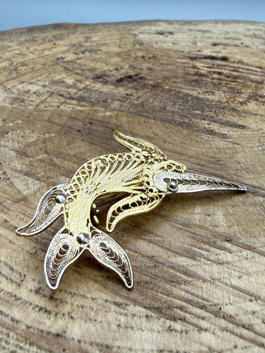 Vintage Two Tone Filigree Flying Fish Brooch