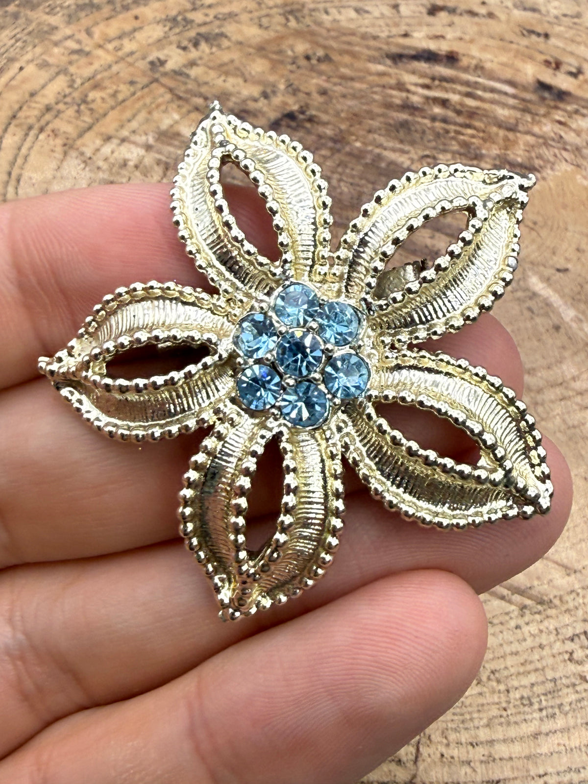 Vintage Flower Brooch with Sky Blue Rhinestones