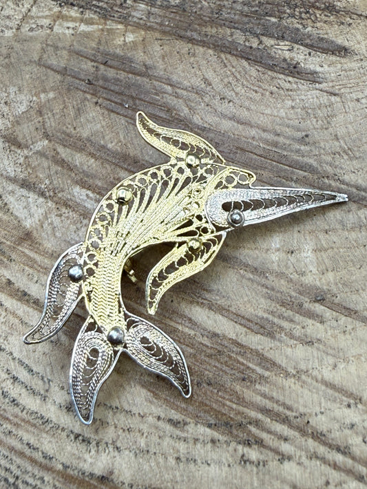 Vintage Two Tone Filigree Flying Fish Brooch