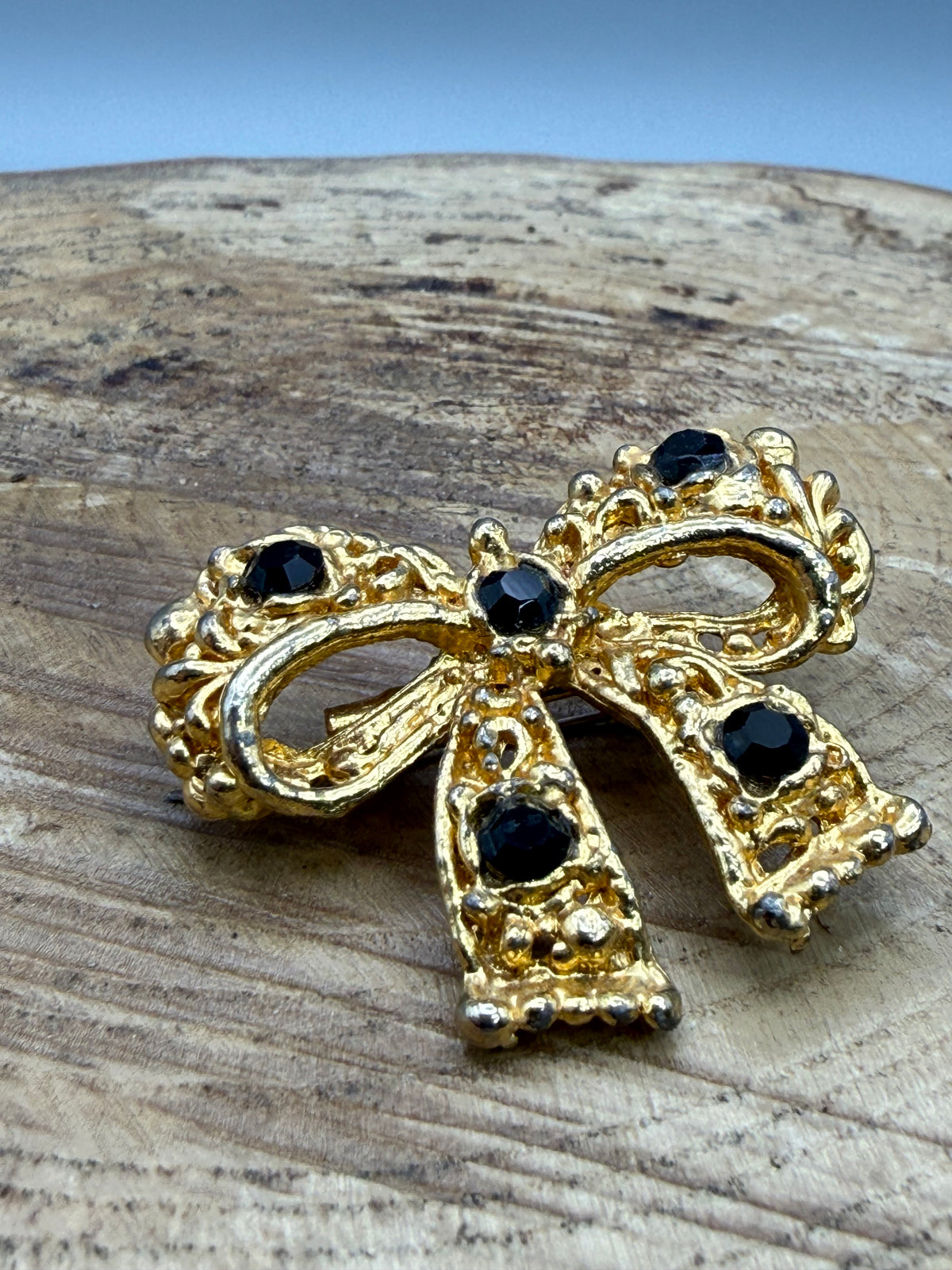 Vintage Textured Bow Brooch with Black Rhinestones