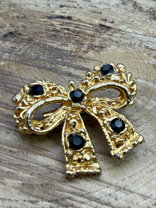 Vintage Textured Bow Brooch with Black Rhinestones