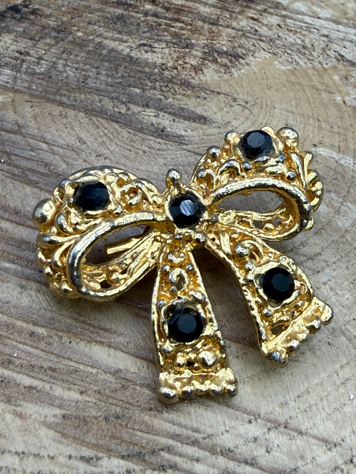 Vintage Textured Bow Brooch with Black Rhinestones