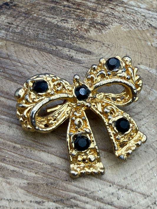 Vintage Textured Bow Brooch with Black Rhinestones